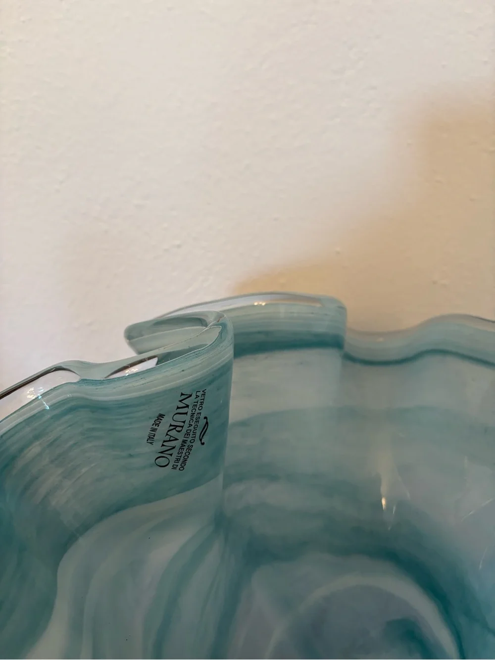 Murano Italy || Large Art Glass Vase Fan Ruffle Light Blue Aqua White 12” Tall